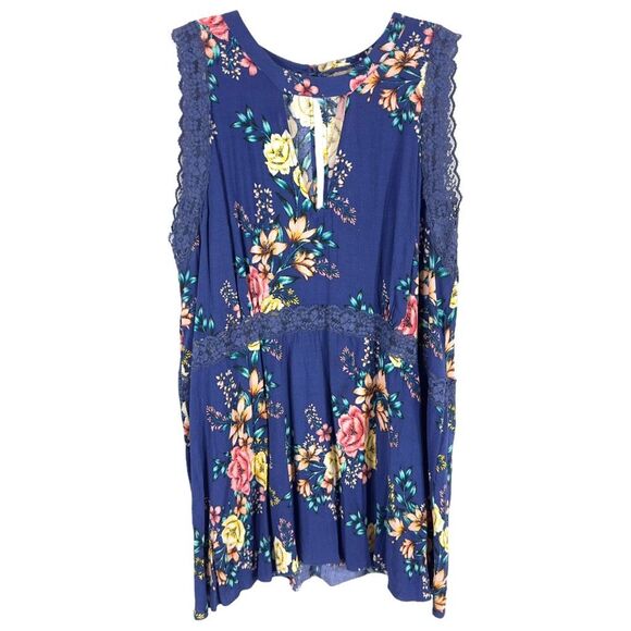 Wonderly Plus Size 2X Tank Top Blue Floral Lace Keyhole Sleeveless Peplum 283 - Picture 10 of 10
